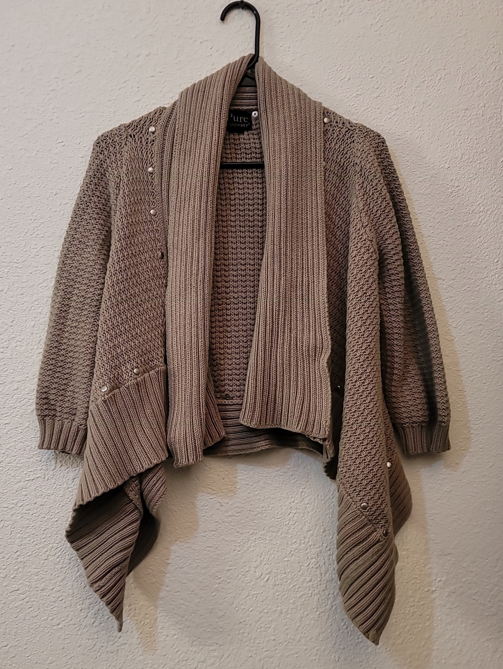 Taupe Pearl-Embellished Open-Front Waterfall Cardigan